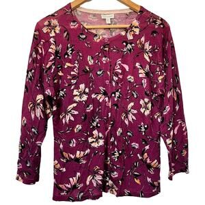 Garnet Hill Womens Signature Eco Merino‎ Wool Floral Cardigan Size L Purple Luxe